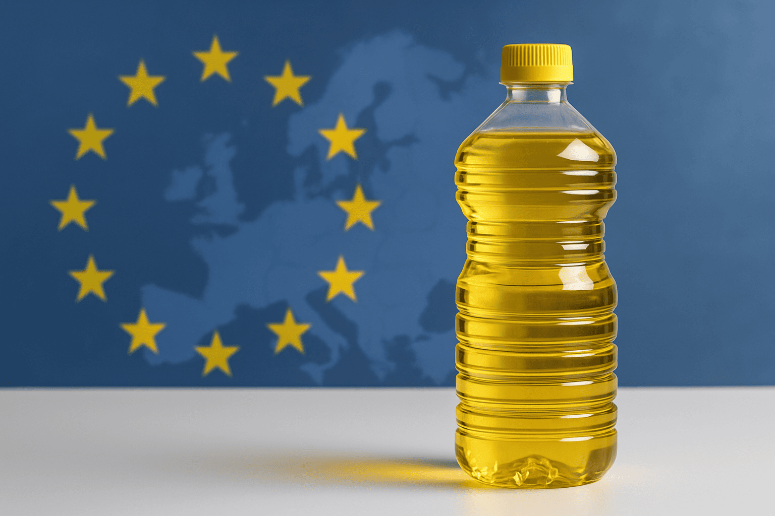 High-quality image of a sunflower oil bottle in the foreground with an EU flag or a map of Europe in the background, symbolizing the connection to the European market.