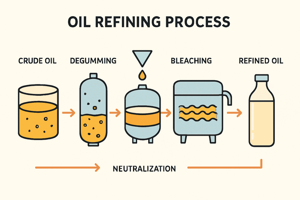 A simplified diagram illustrating the oil refining process, showing stages like crude oil, degumming, neutralization, bleaching, deodorization, and resulting in clear, refined oil.