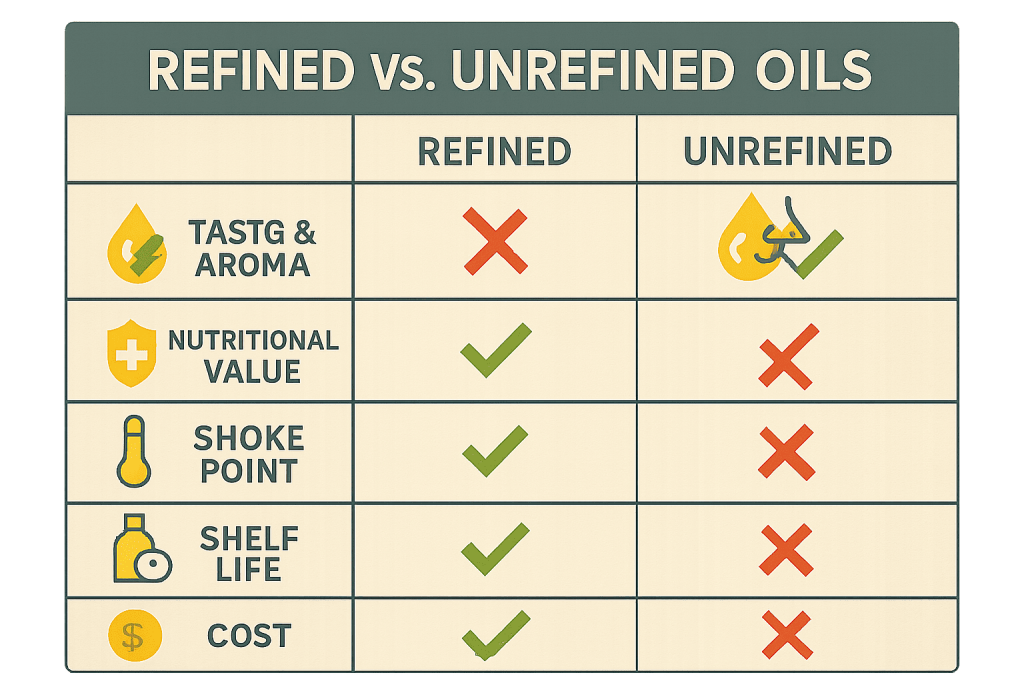 An infographic table comparing refined and unrefined oils across several criteria: Taste & Aroma, Nutritional Value, Smoke Point, Shelf Life, and Cost.