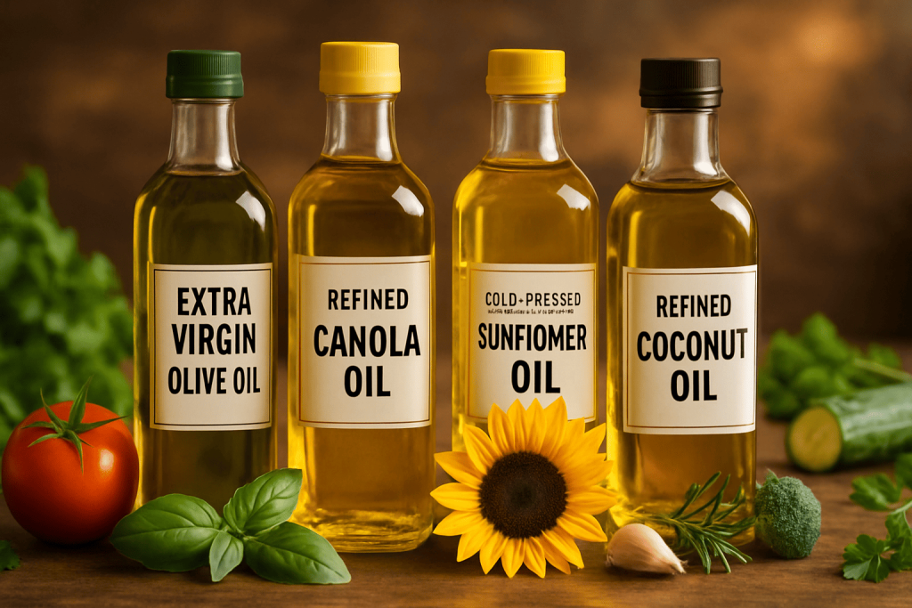 Hero image showing a variety of oil bottles, some clearly marked refined and others unrefined, with fresh ingredients like herbs and vegetables around them, suggesting cooking and health.
