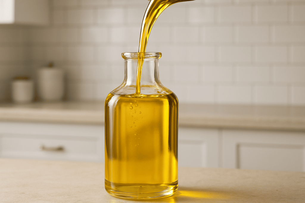 A conceptual image of golden, pure refined oil flowing into a clear bottle, with a subtle, clean kitchen background. The emphasis is on purity and readiness for cooking.